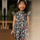 Ruffle Sleeve Button Down Gerberas & Daisies Girl Dress (Navy)