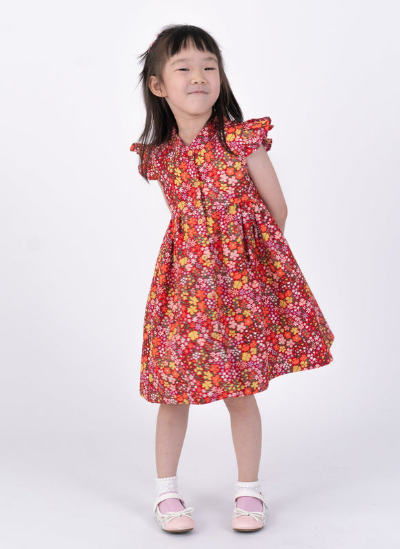 Ruffle Sleeve Button Down Joyful Blooms Girl Dress - (Red)