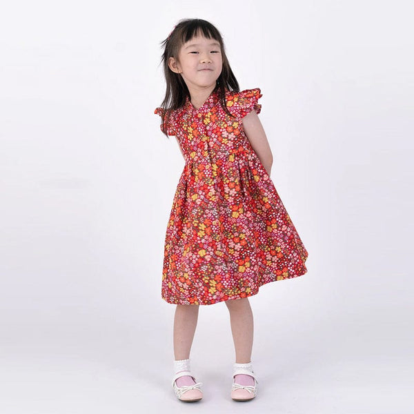 Ruffle Sleeve Button Down Joyful Blooms Girl Dress - (Red)