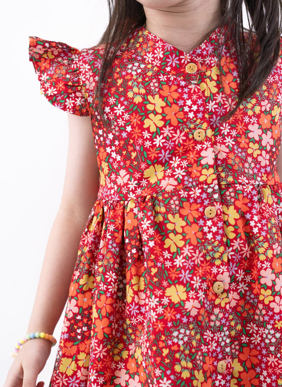 Ruffle Sleeve Button Down Joyful Blooms Girl Dress - (Red)