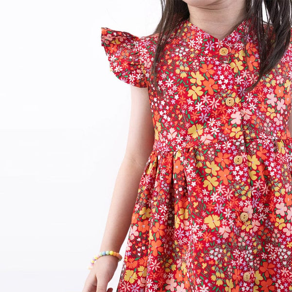 Ruffle Sleeve Button Down Joyful Blooms Girl Dress - (Red)
