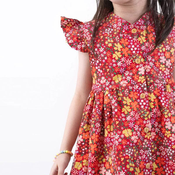 Ruffle Sleeve Button Down Joyful Blooms Girl Dress - (Red)