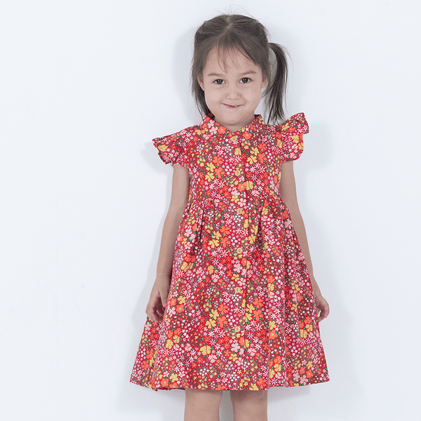 Ruffle Sleeve Button Down Joyful Blooms Girl Dress - (Red)