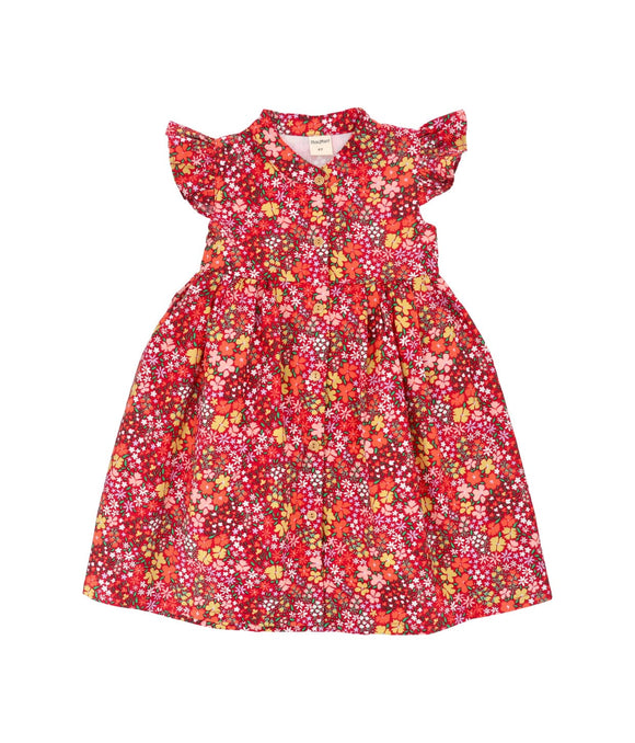 Ruffle Sleeve Button Down Joyful Blooms Dress - (Red)