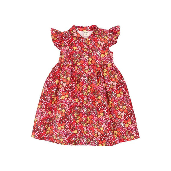 Ruffle Sleeve Button Down Joyful Blooms Girl Dress - (Red)