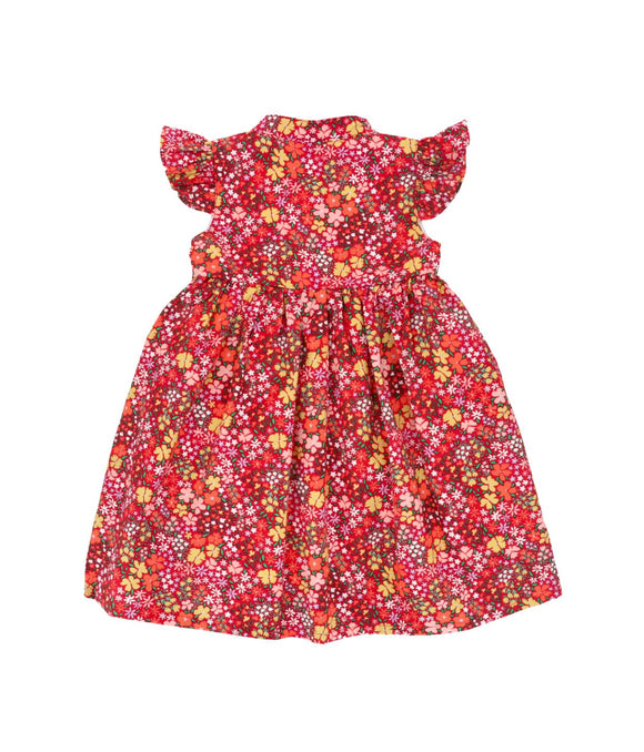 Ruffle Sleeve Button Down Joyful Blooms Dress - (Red)