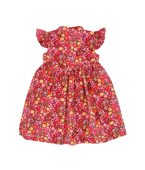 Ruffle Sleeve Button Down Joyful Blooms Dress - (Red)