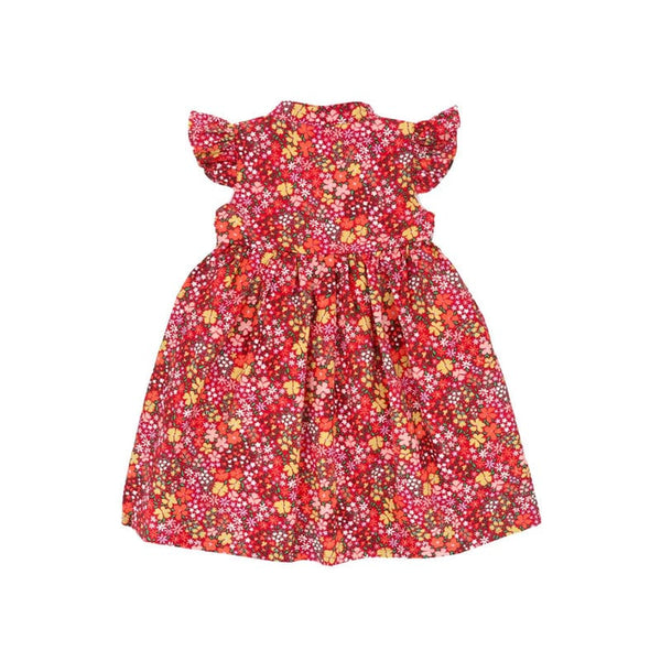 Ruffle Sleeve Button Down Joyful Blooms Girl Dress - (Red)