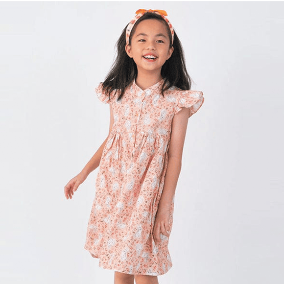 Ruffle Sleeve Button Down Bunny & Berries Girl Dress (Pink)