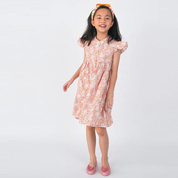 Ruffle Sleeve Button Down Bunny & Berries Girl Dress (Pink)