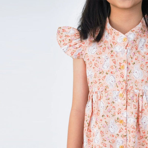 Ruffle Sleeve Button Down Bunny & Berries Girl Dress (Pink)