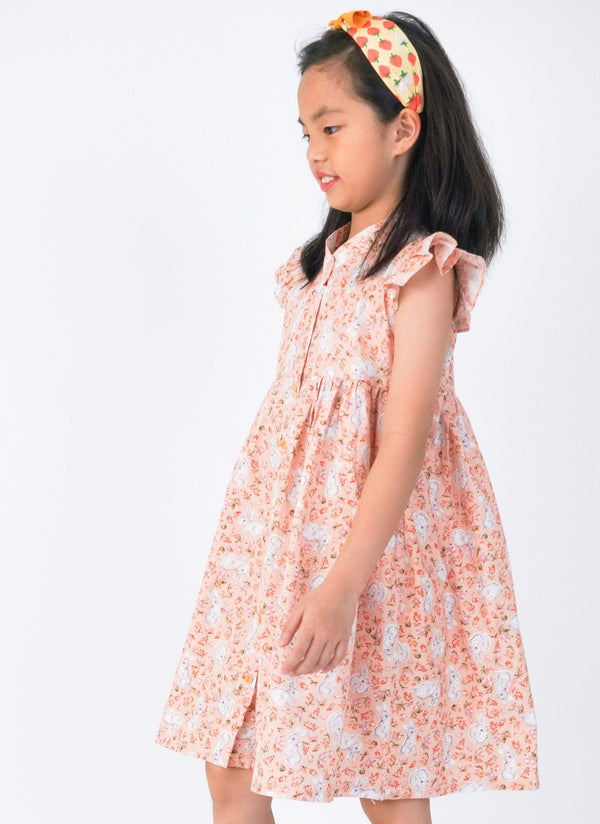 Ruffle Sleeve Button Down Bunny & Berries Dress (Pink)