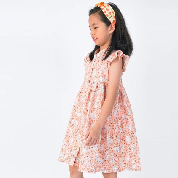 Ruffle Sleeve Button Down Bunny & Berries Girl Dress (Pink)