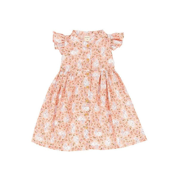 Ruffle Sleeve Button Down Bunny & Berries Girl Dress (Pink)
