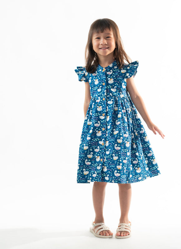 Ruffle Sleeve Button Down Graceful Swan Dress (Blue)