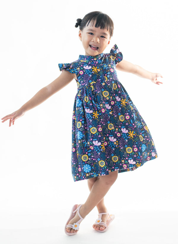 Ruffle Sleeve Button Down Flower Paradise Dress (Navy)