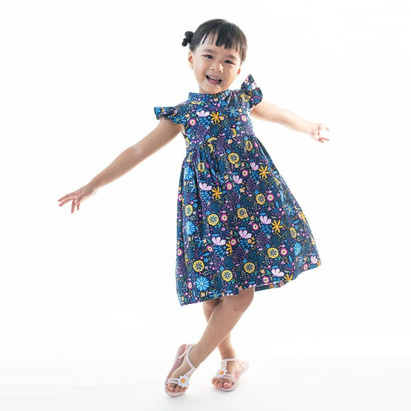 Ruffle Sleeve Button Down Flower Paradise Girl Dress (Navy)
