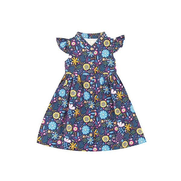 Ruffle Sleeve Button Down Flower Paradise Girl Dress (Navy)