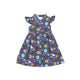 Ruffle Sleeve Button Down Flower Paradise Girl Dress (Navy)