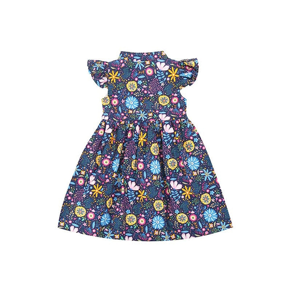 Ruffle Sleeve Button Down Flower Paradise Girl Dress (Navy)