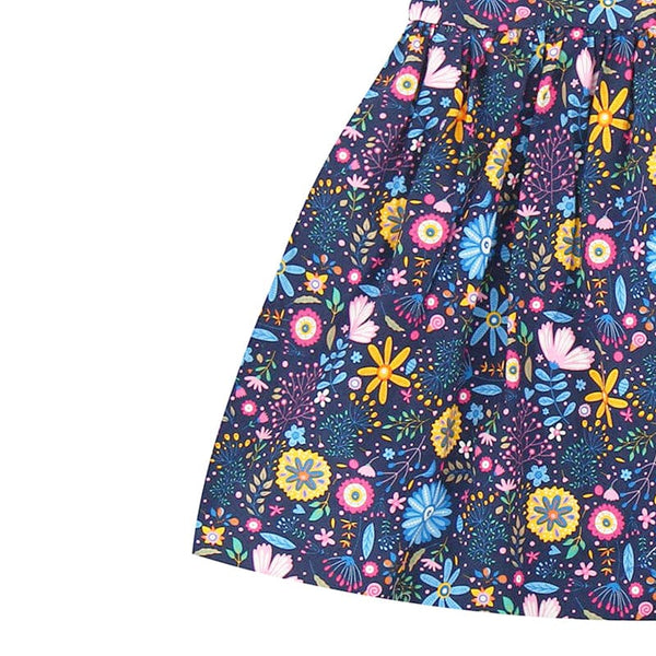 Ruffle Sleeve Button Down Flower Paradise Girl Dress (Navy)