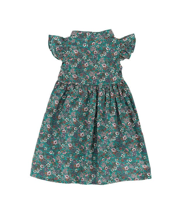 Ruffle Sleeve Button Down White Periwinkles Dress (Emerald Green)