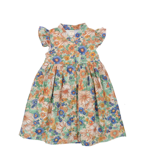 Ruffle Sleeve Button Down Flower Paradise Dress (Beige)
