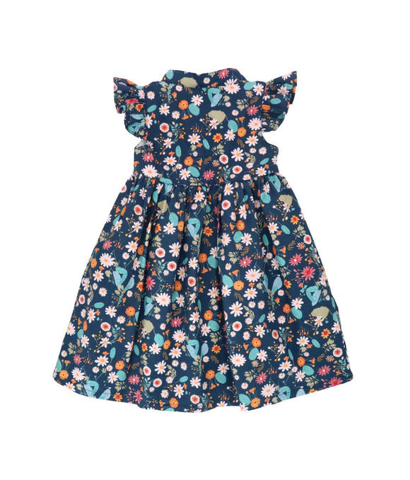 Ruffle Sleeve Button Down Gerberas & Daisies Girl Dress (Navy)