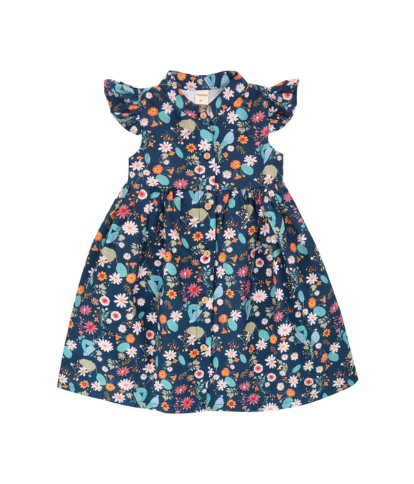 Ruffle Sleeve Button Down Gerberas & Daisies Girl Dress (Navy)