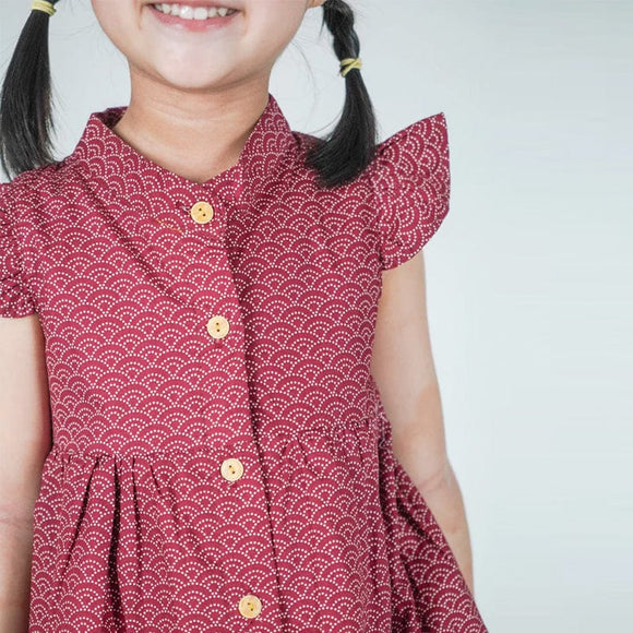 Ruffle Sleeve Button Down Seigaiha Wave Girl Dress - (Maroon)