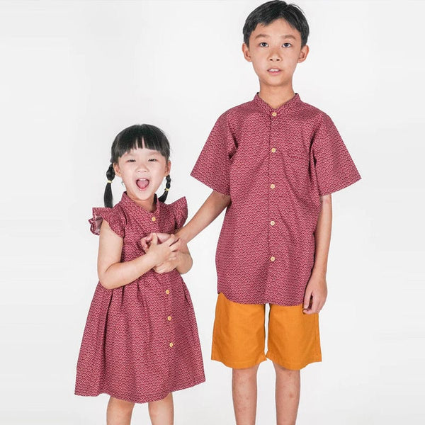 Ruffle Sleeve Button Down Seigaiha Wave Girl Dress - (Maroon)