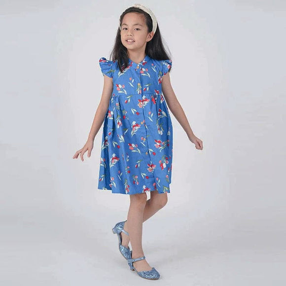 Ruffle Sleeve Button Down Lily Blooms Girl Dress (Blue)