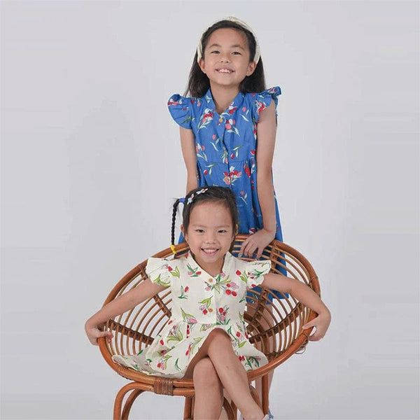 Ruffle Sleeve Button Down Lily Blooms Girl Dress (Blue)