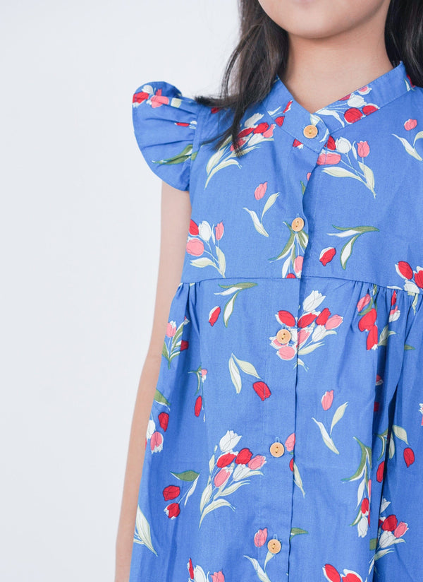 Ruffle Sleeve Button Down Lily Blooms Dress (Blue)