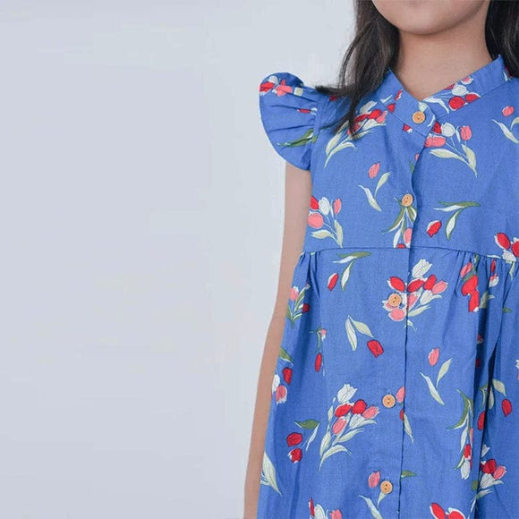 Ruffle Sleeve Button Down Lily Blooms Girl Dress (Blue)