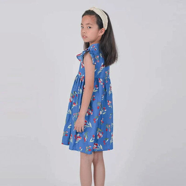 Ruffle Sleeve Button Down Lily Blooms Girl Dress (Blue)