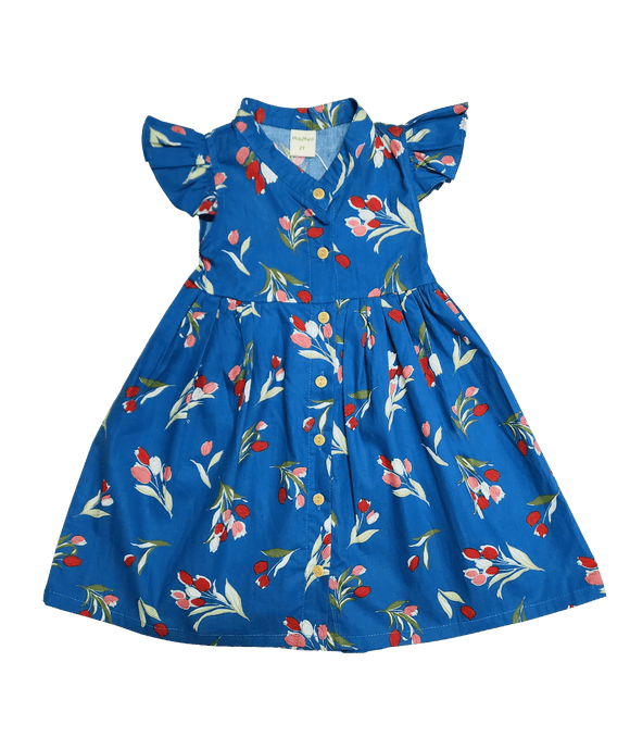 Ruffle Sleeve Button Down Lily Blooms Dress (Blue)