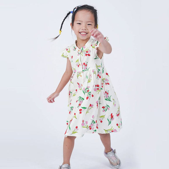 Ruffle Sleeve Button Down Lily Blooms Girl Dress (White)