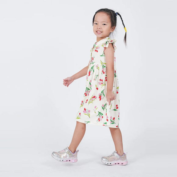 Ruffle Sleeve Button Down Lily Blooms Girl Dress (White)