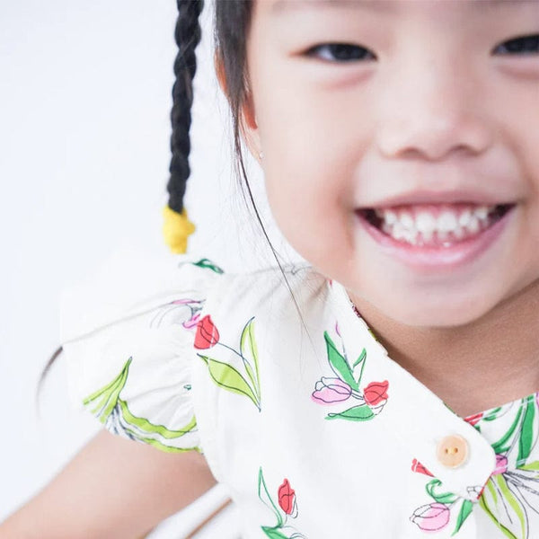 Ruffle Sleeve Button Down Lily Blooms Girl Dress (White)