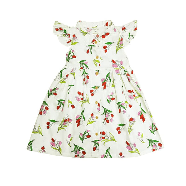 Ruffle Sleeve Button Down Lily Blooms Girl Dress (White)