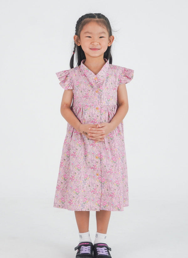 Ruffle Sleeve Button Down Petals & Fern Dress (Pink)