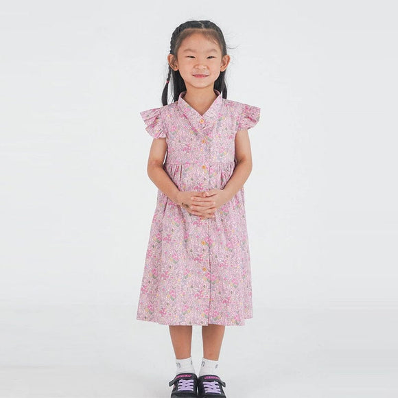 Ruffle Sleeve Button Down Petals & Fern Girl Dress (Pink)