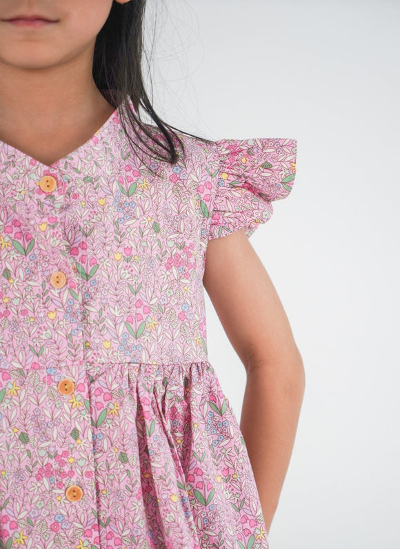 Ruffle Sleeve Button Down Petals & Fern Dress (Pink)