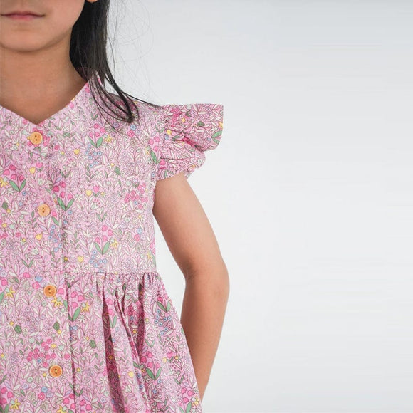 Ruffle Sleeve Button Down Petals & Fern Girl Dress (Pink)