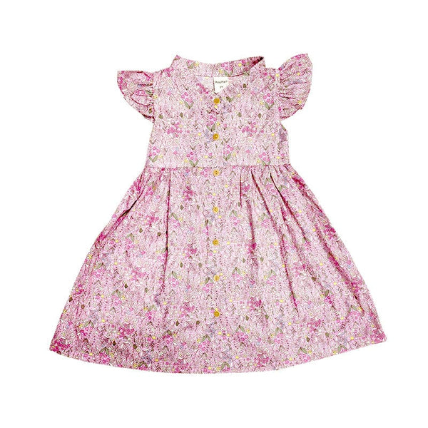 Ruffle Sleeve Button Down Petals & Fern Girl Dress (Pink)