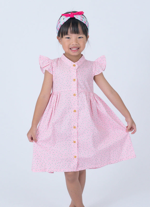 Ruffle Sleeve Button Down Petite Roses Dress (Pink)