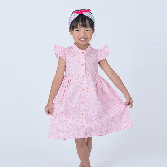 Ruffle Sleeve Button Down Petite Roses Girl Dress (Pink)