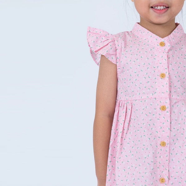 Ruffle Sleeve Button Down Petite Roses Girl Dress (Pink)