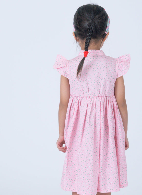 Ruffle Sleeve Button Down Petite Roses Dress (Pink)